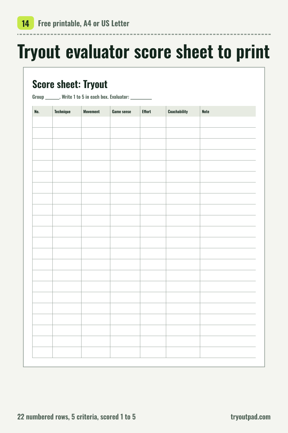 Preview of the tryout evaluator score sheet: 22 numbered rows, 5 criteria, scored 1 to 5.