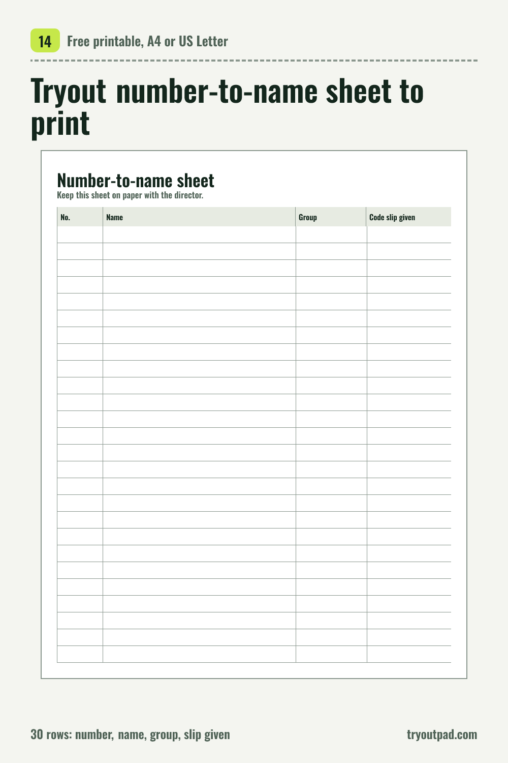 Preview of the tryout number-to-name sheet: 30 rows: number, name, group, slip given.